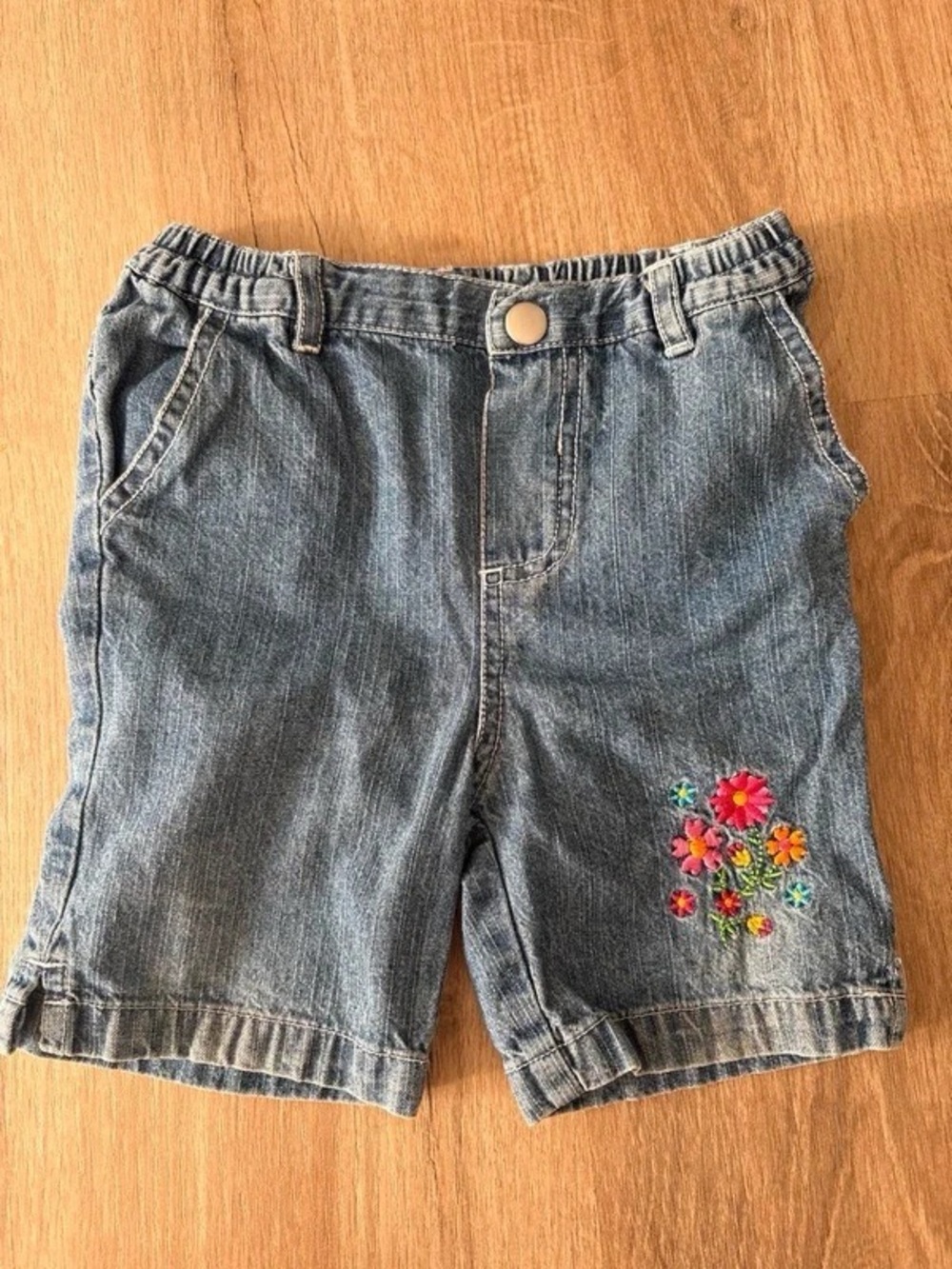 Kids Denim Shorts with Floral Embroidery - Blue
